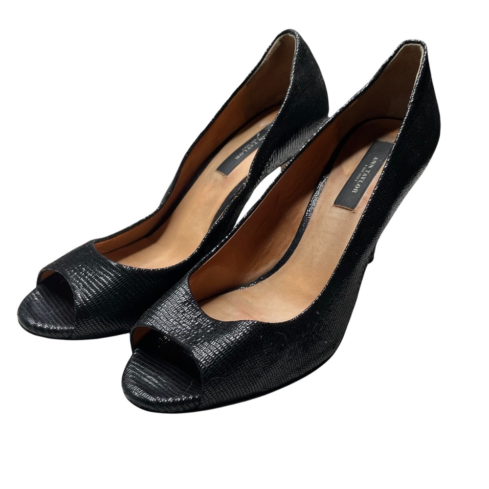 Ann Taylor Peep Toes Pumps Heels, Shiny Black Leather Size 7 1/2 M